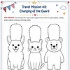 Homeschool Guard Trio Three cartoon royal guard animals: a dog, a cat, and a bear wearing tall marching-band style hats, styled for homeschool activity and royal theme.