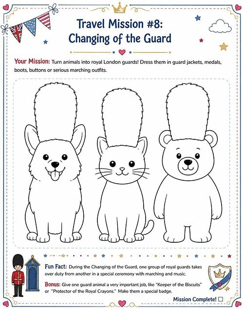 Homeschool Guard Trio Three cartoon royal guard animals: a dog, a cat, and a bear wearing tall marching-band style hats, styled for homeschool activity and royal theme.