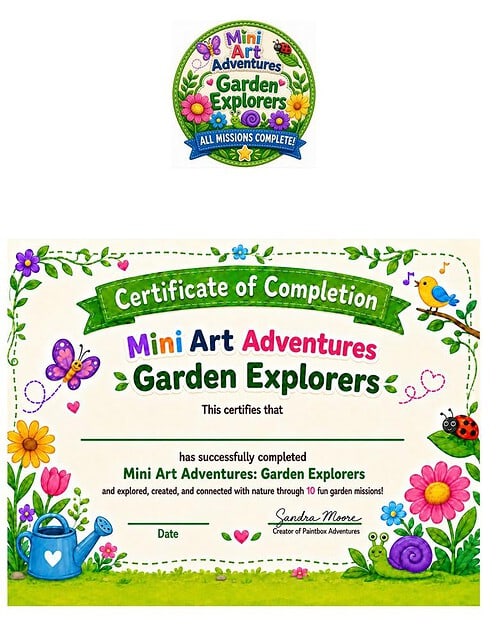 Homeschool Garden Explorers Certificate Certificate of Completion for Mini Art Adventures: Garden Explorers with colorful floral border and playful illustrations.