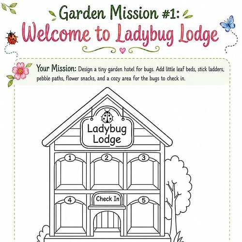 Illustration of a two-story Ladybug Lodge garden hotel for bugs with numbered check-in spaces.