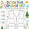 Design Your Explorer Vest Colorful nature-themed kids' activity page featuring a blank explorer vest with multiple pockets, trees, sunshine, and decorative elements for customizing patch designs and explorer name.