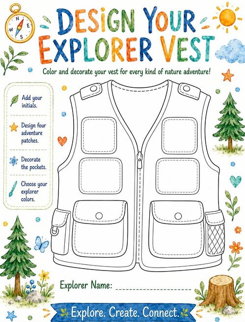 Design Your Explorer Vest Colorful nature-themed kids' activity page featuring a blank explorer vest with multiple pockets, trees, sunshine, and decorative elements for customizing patch designs and explorer name.
