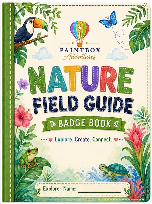 Nature Field Guide Cover Colorful nature field guide cover featuring a toucan, frog, butterfly, and tropical plants with the text Nature Field Guide and Badge Book for explorers.