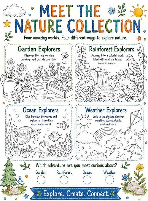 Homeschool Resource Co.: Nature Collection Meet the Nature Collection by Homeschool Resource Co. Explore four adventures: Garden Explorers, Rainforest Explorers, Ocean Explorers, and Weather Explorers.