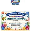Mini Art Adventures Ocean Explorers certificate Certificate of completion for Mini Art Adventures Ocean Explorers with seashells, coral, & marine life illustrations.