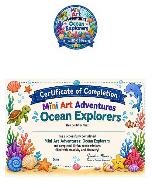 Mini Art Adventures Ocean Explorers certificate Certificate of completion for Mini Art Adventures Ocean Explorers with seashells, coral, & marine life illustrations.