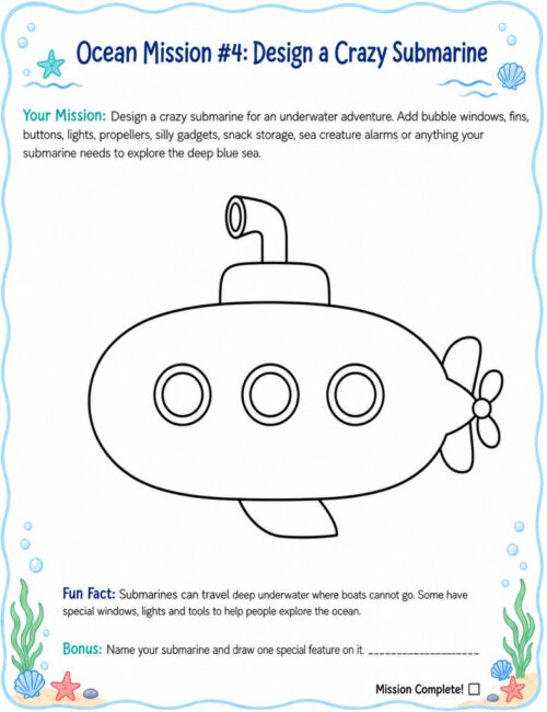 Homeschool Submarine Design Illustration of a playful submarine with portholes, periscope, and propeller in a white cartoon style for kids, aligned with Ocean Mission theme.