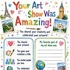 Your Art Show Was Amazing Colorful artwork collage announcing 'Your Art Show Was Amazing' with illustrated stamps, world landmarks, and confetti.