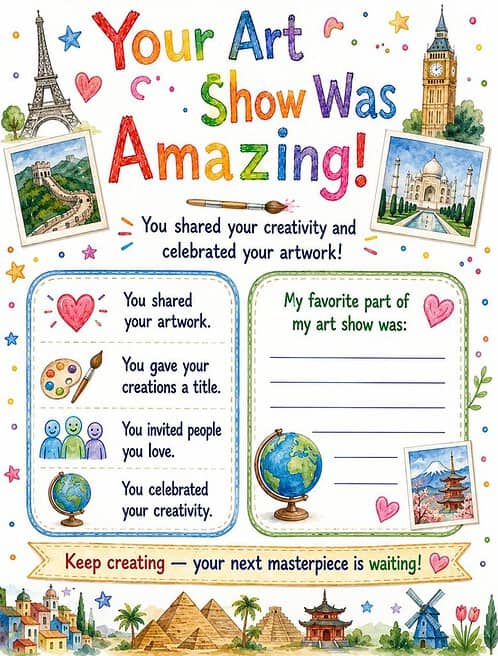 Your Art Show Was Amazing Colorful artwork collage announcing 'Your Art Show Was Amazing' with illustrated stamps, world landmarks, and confetti.