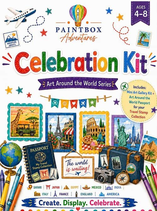 Celebration Kit – Paintbox Adventures Colorful Celebration Kit image featuring travel-themed art supplies and world landmarks for kids 4-8 from Homeschool Resource Co.