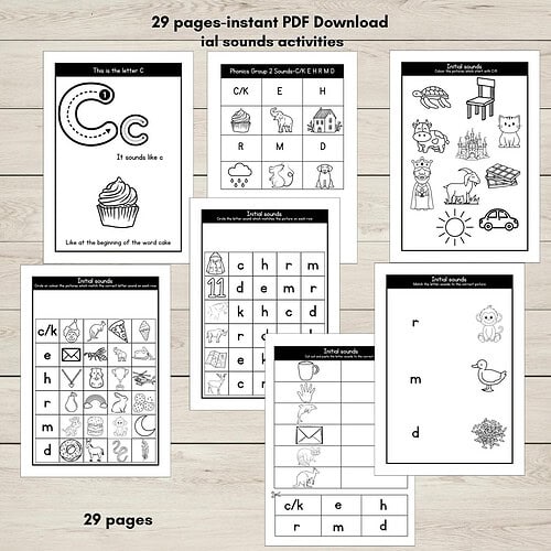 Homeschool Resource Co. phonics and early literacy image set featuring C/K sounds, picture cards, and printable worksheets for foundational reading skills.