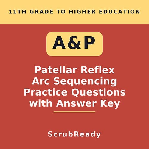 Educational resource cover for 11th grade to higher education on Patellar Reflex, Arc Sequencing, Practice Questions, and Answer Key by ScrubReady.