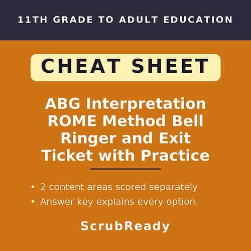 scrubready-nursing-acid-base-interpretation-quick-sheet-the-rome-method-with-pr.jpg Homeschool Resource Co. cheat sheet for 11th grade to adult education on ABG interpretation, ROME method, bell ringer, exit ticket, and practice.