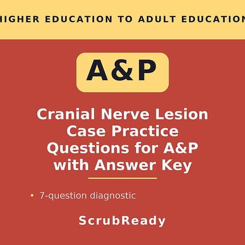 Cranial Nerve Lesion Case Practice Questions for A&P with Answer Key, featuring a red and beige educational design.