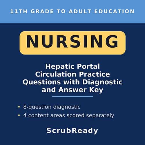 Nursing educational resource for 11th grade to adult learners focusing on hepatic portal circulation practice questions and diagnostic answer key.