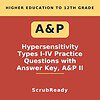 scrubready-nursing-hypersensitivity-types-i-ii-iii-and-iv-case-scenarios-with-a.jpg Educational book cover titled 'Hypersensitivity Types I-IV Practice Questions with Answer Key, A&P II' for higher education, focusing on homeschool resources.
