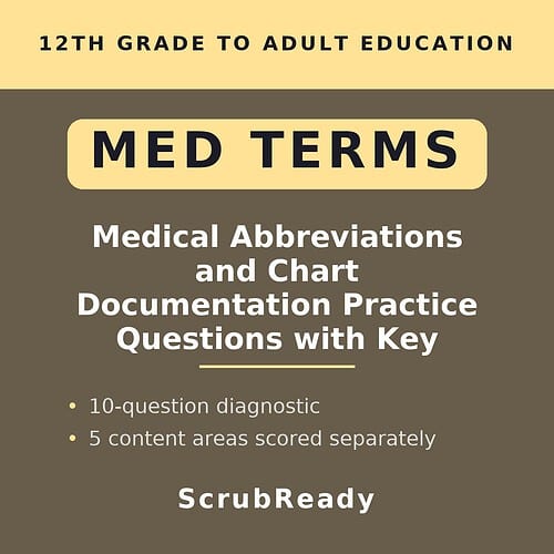Educational resource on medical abbreviations and chart documentation for 12th grade to adult learners, featuring a diagnostic quiz and key questions.