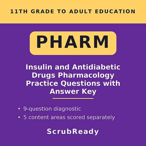 scrubready-nursing-pharmacology-basics-for-nursing-students-antidiabetic-and-in.jpg Educational book cover for pharmacy practice questions on insulin and antidiabetic drugs, featuring purple and yellow design elements.
