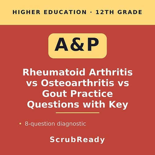 scrubready-nursing-rheumatoid-arthritis-vs-osteoarthritis-vs-gout-joint-disorde.jpg Educational resource cover on Rheumatoid Arthritis, Osteoarthritis, and Gout practice questions for 12th grade higher education.