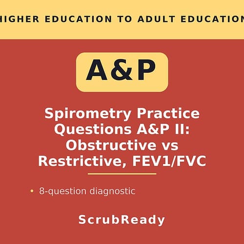scrubready-nursing-spirometry-tracing-interpretation-worksheet-for-a-p-ii-obstr.jpg Educational cover image for spirometry practice questions focusing on obstructive vs restrictive lung diseases, featuring A&P II.