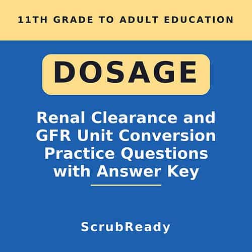Educational book cover on renal clearance and GFR unit conversion practice questions for homeschool students.