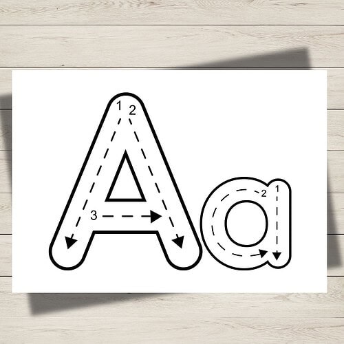Educational black and white outline of the letter A and lowercase a with numbered arrows showing stroke order for handwriting practice.